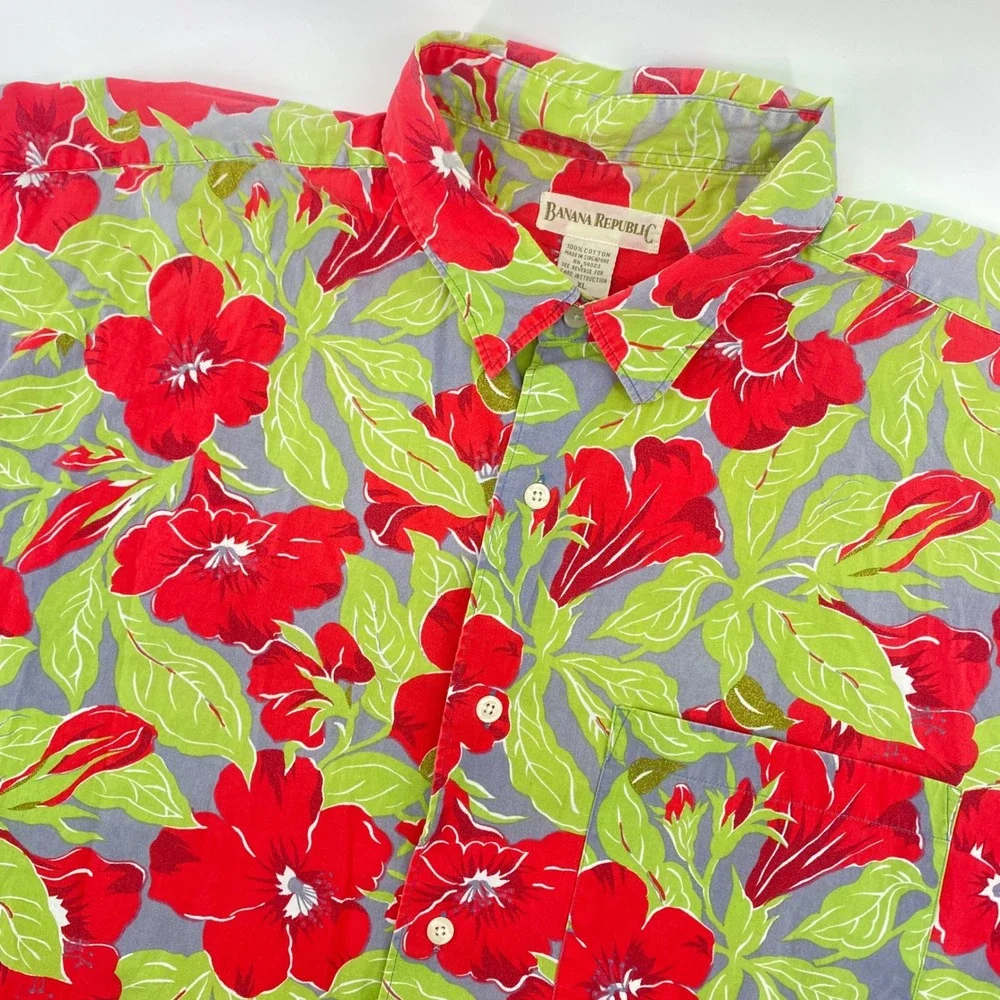 Banana Republic‎ Button Up Shirt Mens XL Red Floral Tropical  Short Sleeve VTG